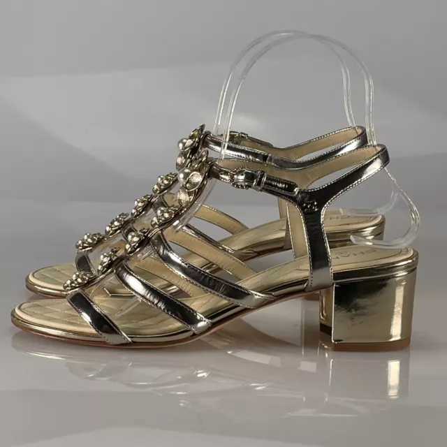 CHANEL GOLD LEATHER Pearls CC Logo Thong T Strap Block Heels