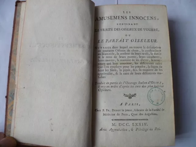 1774-Edt Ori-Ornithologie-Les Amusemens Innocens- Oiseleur- Ruses & Chasses