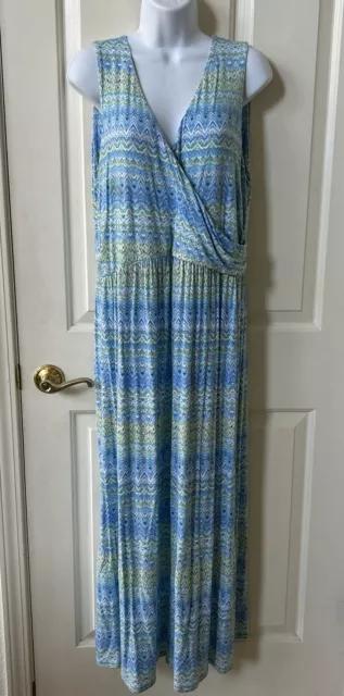 J.Jill Aegean Ikat Print Island Blue Maxi Dress Jersey Knit Faux Wrap Sz Large