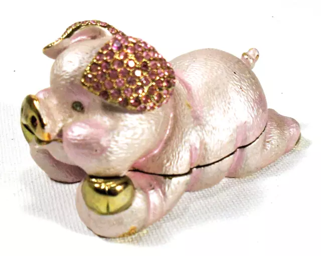 Bejeweled Enameled Pink Pig Trinket Box/Figurine With Rhinestones