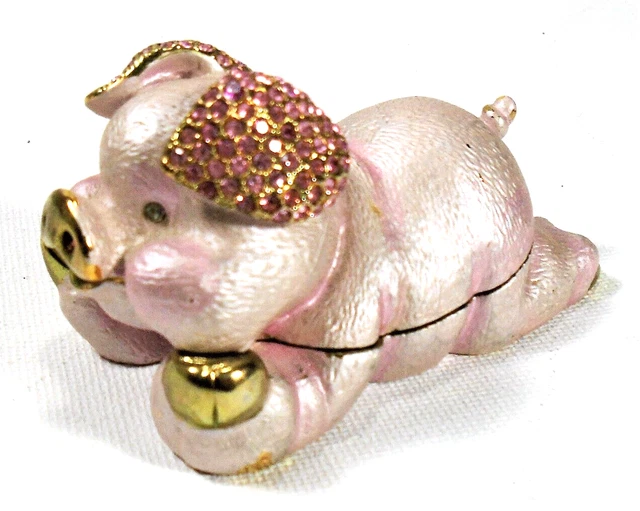 Bejeweled Enameled Pink Pig Trinket Box/Figurine With Rhinestones