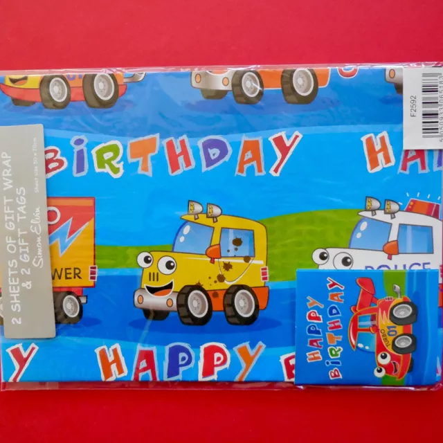 2 Sheets Of Birthday Wrapping Paper With 2 Matching Gift Tags Boy Child Van Car