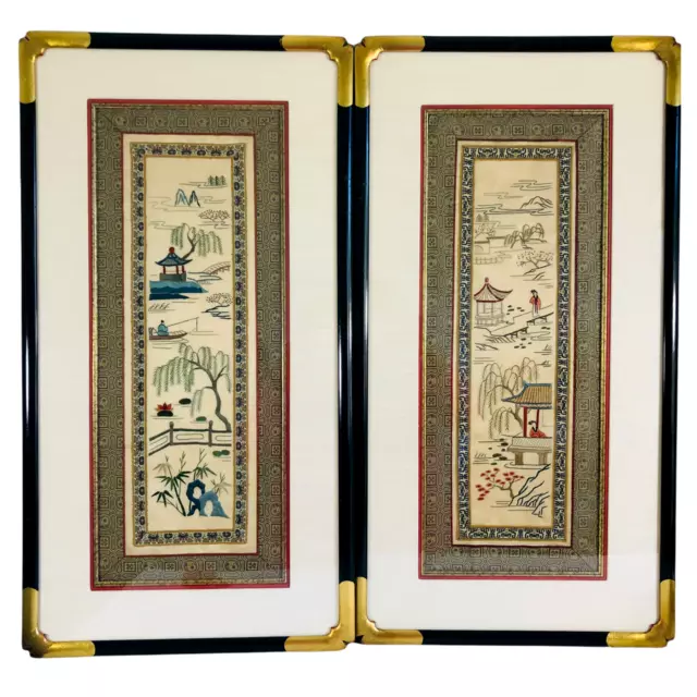 2 LARGE FRAMED VINTAGE JAPANESE FINE EMBROIDERED ART SILK 30" Tall x 15" Wide