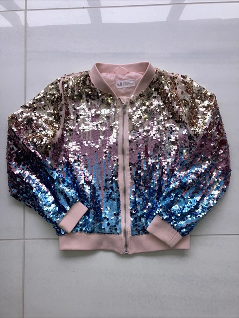 H&M girls pink gold blue sequin bomber jacket age 8–9 years