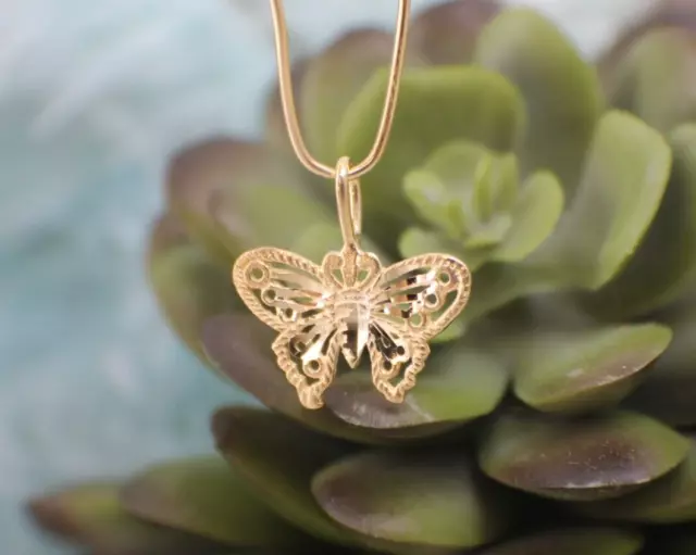 Solid 14K Yellow Gold Butterfly Filigree Dia Cut Sparkling Charm Pendant