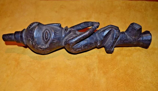 Antique Luba Tribe African Wood Tobacco Pipe Carved Kneeling Figure Congo Africa
