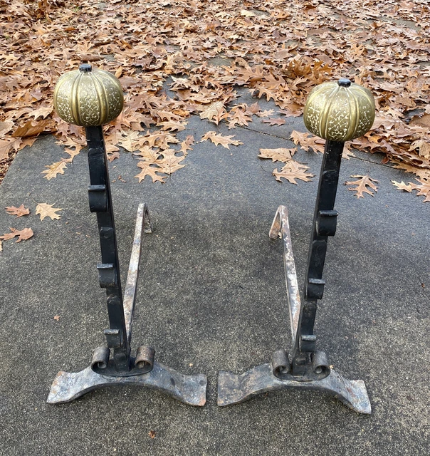 Antique Hand Forged Wrought Iron & Engraved Brass Melon Fireplace Andirons Pair