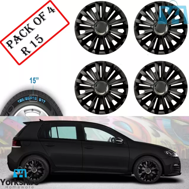 New 15" Wheel Covers Hub Caps 15 Inch Trims Trim Set Of 4 Plastic Royal RC Black