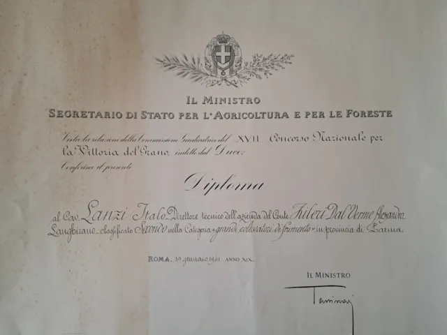 Diploma 1941 Premio Vittoria Del Grano Firma Autentica Ministro G. Tassinari