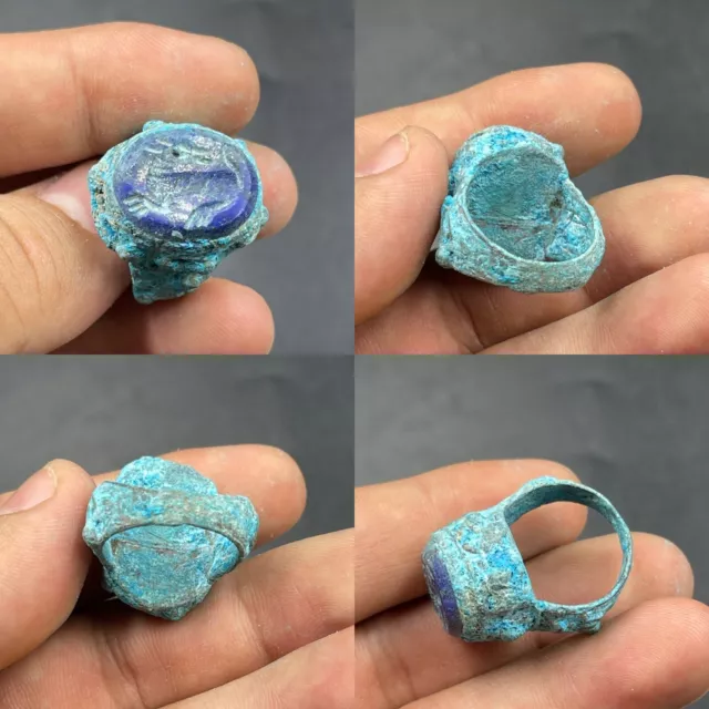 Ancient Roman Style Bronze Old Lapis Lazuli Stone Intaglio Seal Stamp Rare Ring