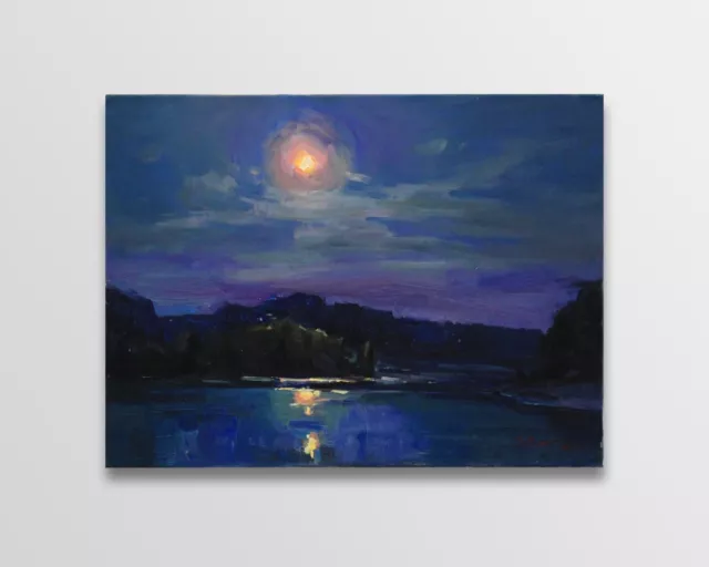 Moon painting Original art Impressionism Oil on canvas by S. Chernyakovsky