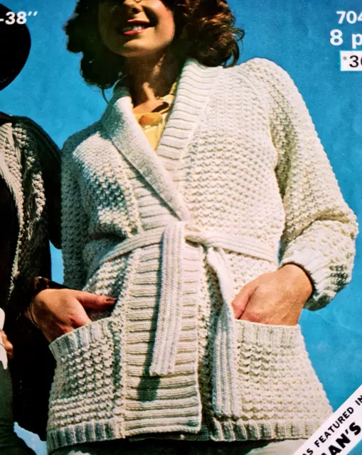 1980s Kimono Belted Wrap Jacket Waffle Moss Stitch Sirdar 7048 Knitting Pattern