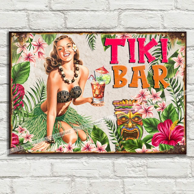 TIKI BAR Mädchen Garten Metall Blechschild Mann Höhle Pub Club Café Bier Rum Gin