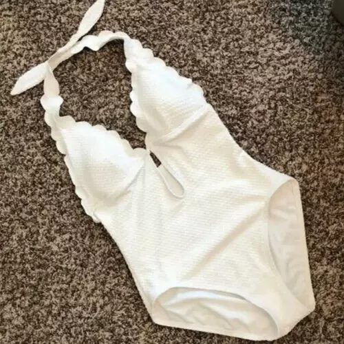 NEW Kate Spade New York Textured Scalloped Halter One-Piece Swimsuit Small white