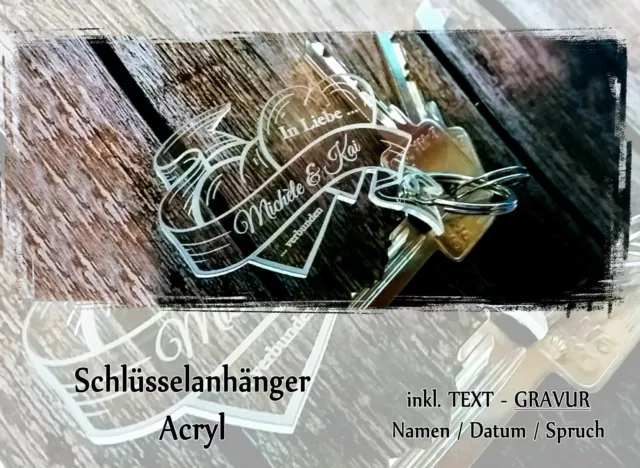 1 Schlüsselanhänger Acryl - klar - inkl. Gravur - 2 Herzen mit Banner * WOW*