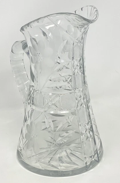 American Brilliant Period ABP Cut Glass 10" Large Pitcher With Flowers & Leaves