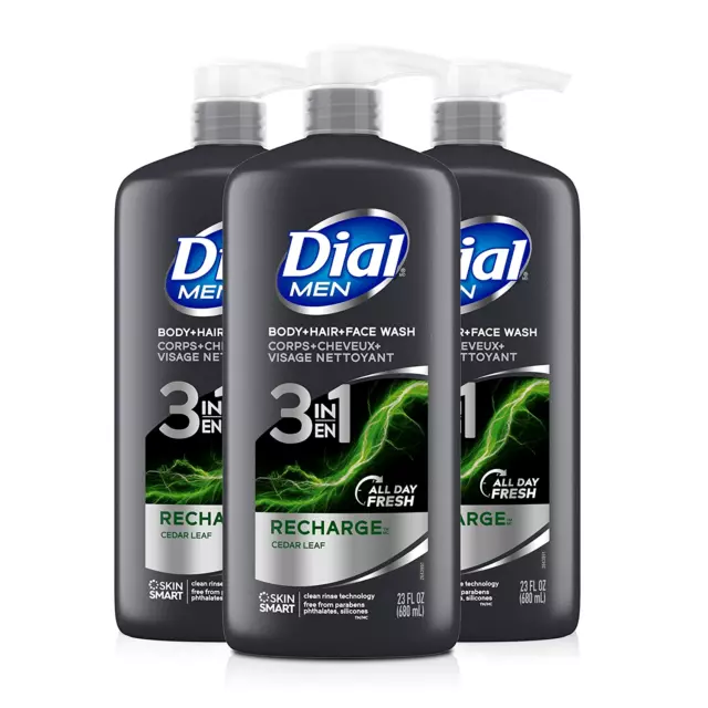 Dial Men 3in1 Body, Hair and Face Wash, Recharge, 69 fl oz (3-23 oz Bottles)