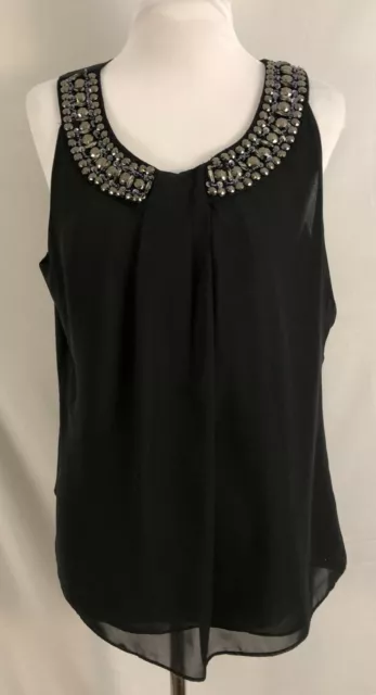 Ellen Tracy Womens Pullover Top Sleeveless Black Silver Beads Lined 14 Large