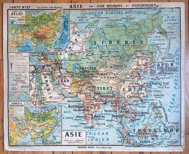 ✶Rare ✶ Très ancienne carte scolaire Hatier Brunhes 22, 1920 - Asie politique