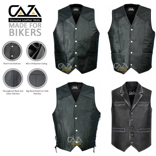 Uomo Moto Nero Vera Pelle Panciotto Completo Grano Tagliati Stile Biker Gilet