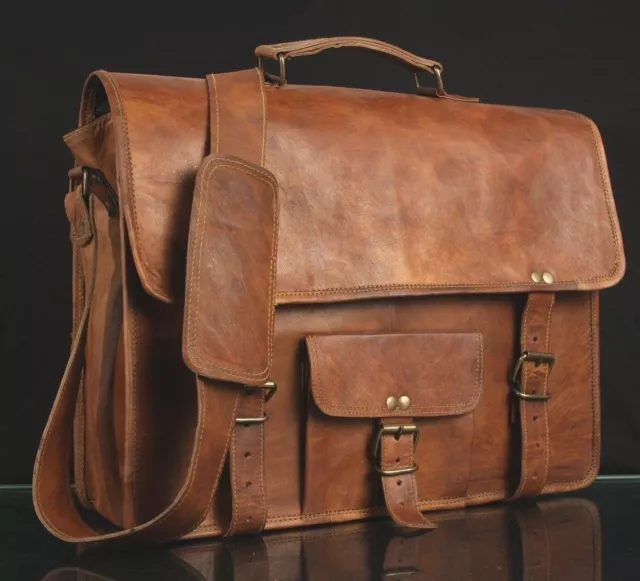 Men's 15" goat leather messenger Real satchel bag genuine laptop brown briefcase