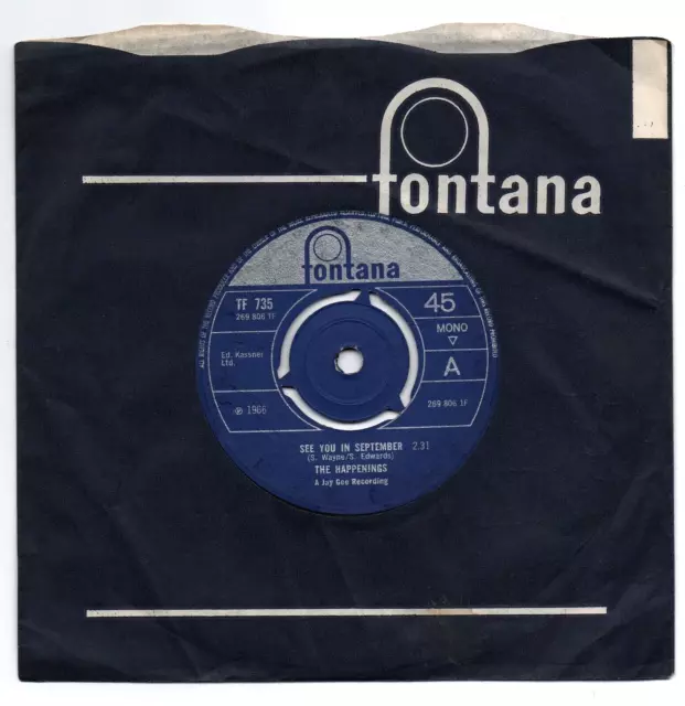 THE HAPPENINGS - SEE YOU IN SEPTEMBER 7" 45 EX VINYL Rare 1966 UK Fontana Single