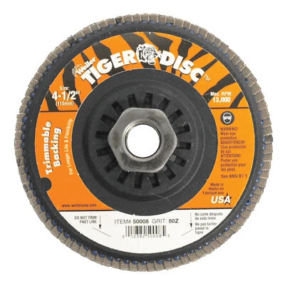 Trimmable Tiger Flap Discs, 4 1/2 In, 80 Grit, 5/8 Arbor, 13,000 Rpm Weiler
