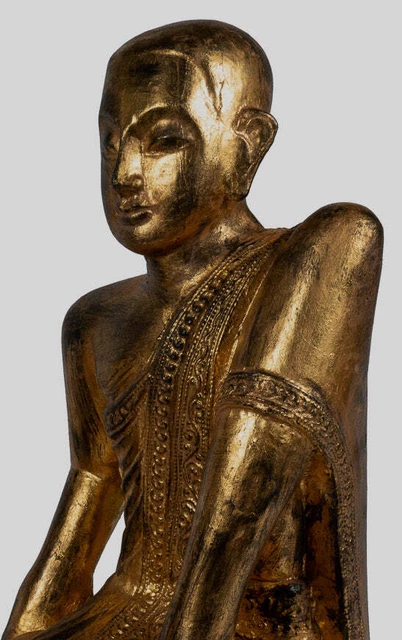 Ancien Birman Style Bois à Genoux Bouddha Disciples Statue (Paire) - 50cm/20 " 3
