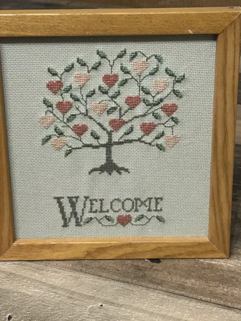 Vintage Cross Stitch Embroidery Completed Framed Artwork Country Welcome Sign