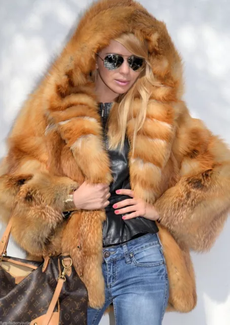 FASION WOMEN FULL Pelt Natural Real Red Fox Fur Coat Hooded Jacket ...