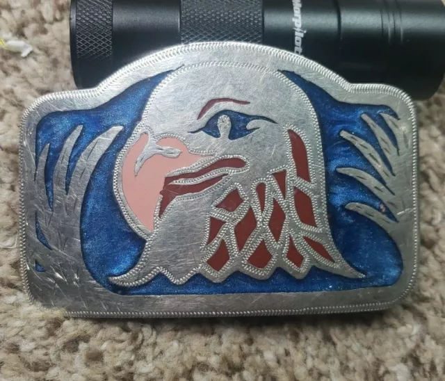 Vintage Hand Made Eagle Head Inlay Western Cowboy Belt Buckle