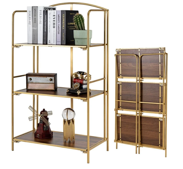 No Assembly Folding Bookshelf, 3 Tier Gold Bookshelf, Metal Book Shelf