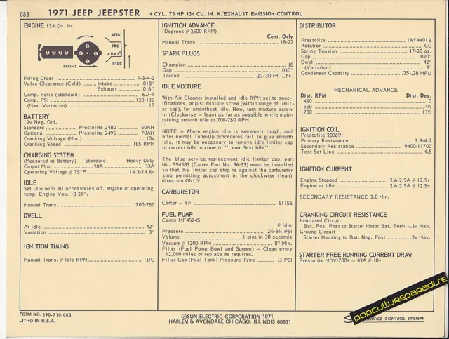 1971 JEEP JEEPSTER 4 Cylinder 134 ci / 75 hp Car SUN ELECTRONIC SPEC SHEET