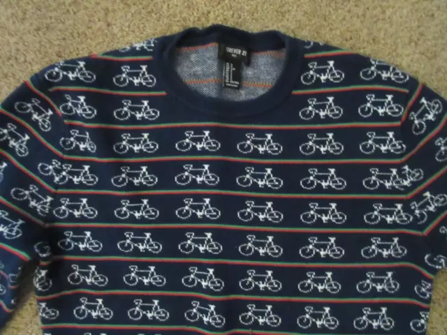 Mens Forever 21 Sz S Navy Pullover Sweater Bicycle Print