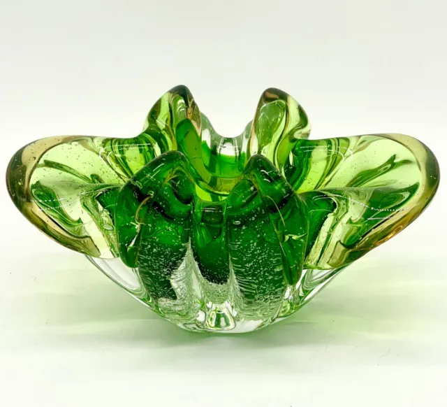 Vintage  Hand Blown Green Art Glass Floral Folded Edge Candy Trinket Bowl Dish