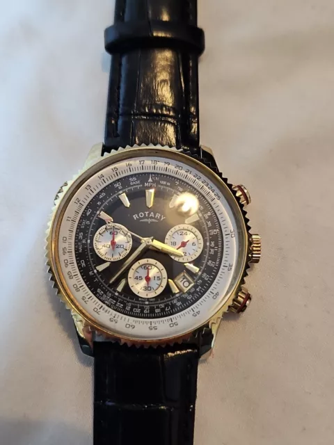 ROTARY MEN S CHRONOGRAPH Black Gold Dial Leather Pilot Watch