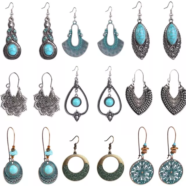 9 Pairs Women Bohemian Turquoise Earrings Traditional Chinese Style Tibetan