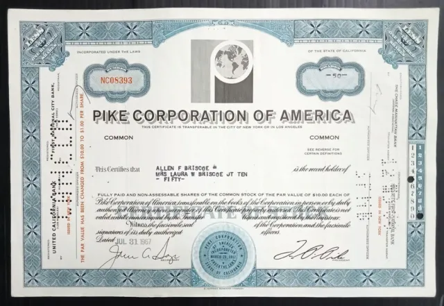 AOP USA 1967 Pike Corporation of America 50 shares certificate