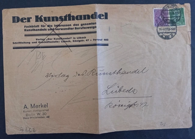 1922 Germany Art Dealer Cover ties 2 stamps cd Berlin-Lubeck