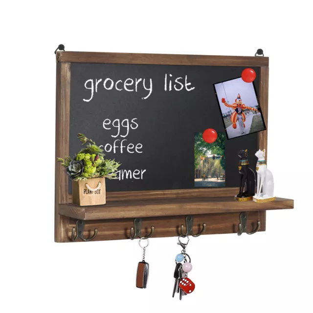 Wall Mounted Wooden Framed Chalkboard Sign with Storage Shelf & Key Holder Hooks