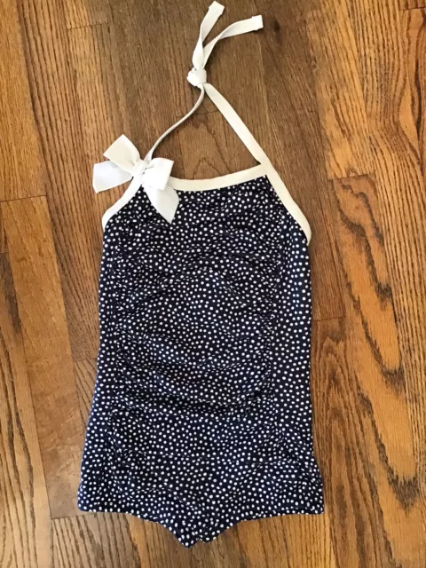 JANIE & JACK Girl’s SZ 6 Navy Blue & White Retro Polka Dot Halter Swimsuit