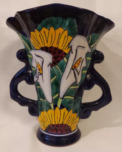 Talavera Mexico Pottery Two Handled Vase Cala Lillies Sunflowers Signed