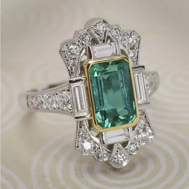 Art Deco Green Cubic Zirconia Silver Cocktail Ring antique vintage style Gatsby