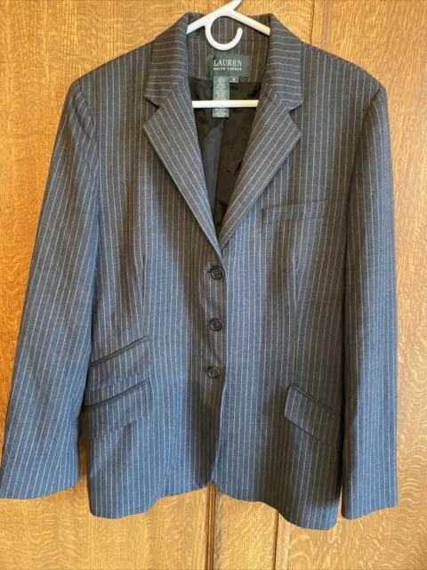 Lauren Ralph Lauren Wool Blazer Jacket Suit Top Size 16 Gray Pin Stripe EUC!