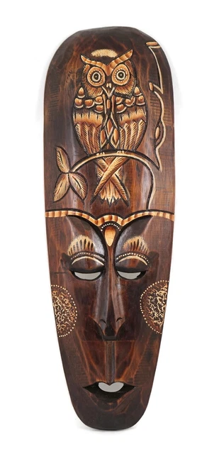 Large AFRICAN ETHNIC HAND-CARVED PAINTED WOODEN TRIBAL WALL FACE AND OWL Mask