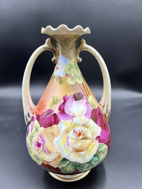 royal Kinran Nippon Vase Double Handled Roses Hand Painted 10 inches