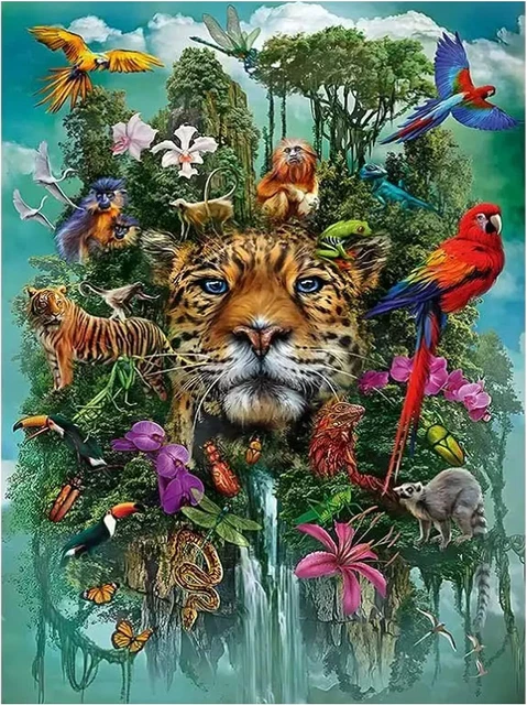 Kit de pintura de diamantes de animales del bosque 5D para adultos tigre monos loros pitón fu