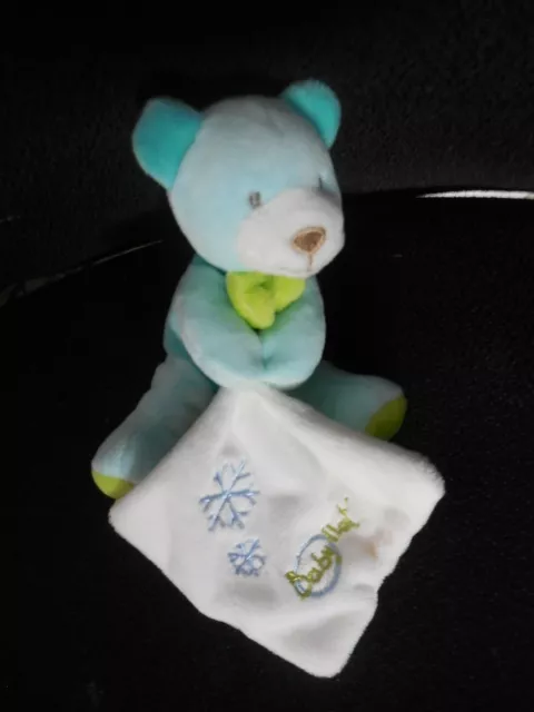 doudou mouchoir ours bleu vert d'eau brodé flocons neige BABY NAT'