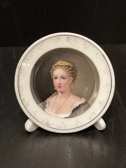 19Th Century Miniature Portrait On Porcelain Fine Lady With Great Details