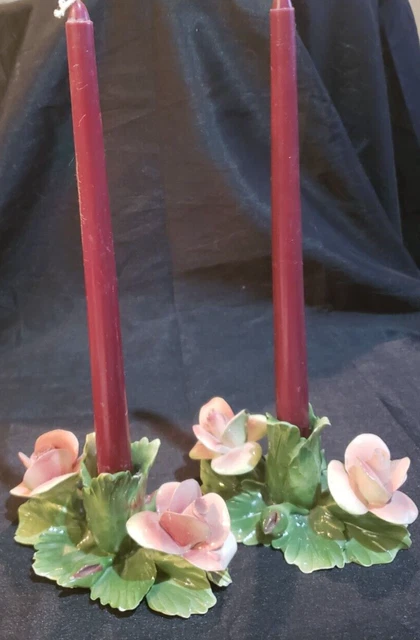 Vintage Nouva Capodimonte Pair of Double Pink Rose Green Leaf Candle Holders